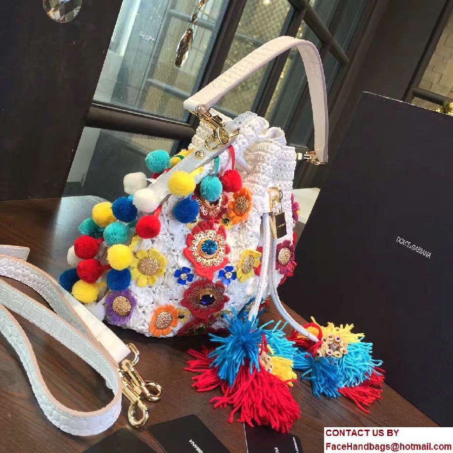 Dolce  &  Gabbana Claudia Pompoms Woven Raffia Bucket Bag White/Multicolor 2017